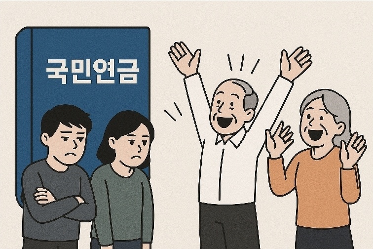 AI로 만든 청년과 노인 세대의 국민연금 관련 상황에 대한 반응의 사진 / 뤼튼(AI) 제공