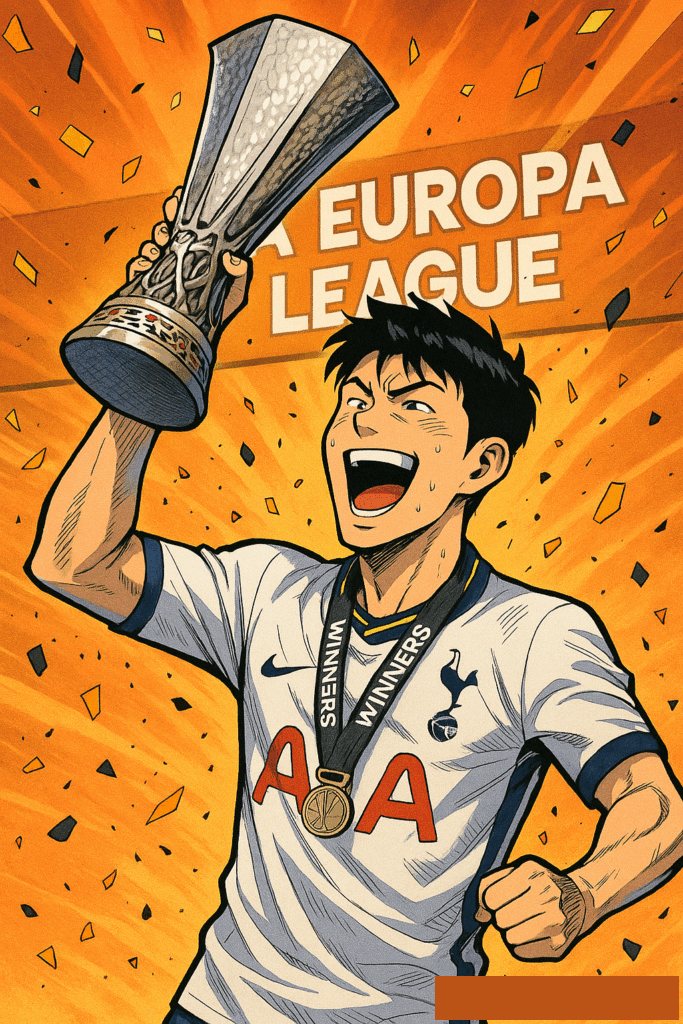 AI로 만든 손흥민 선수가 UEFA EUROPA LEAGUE 우승 트로피 들어올리는 사진 / ChatGPT(AI) 제공