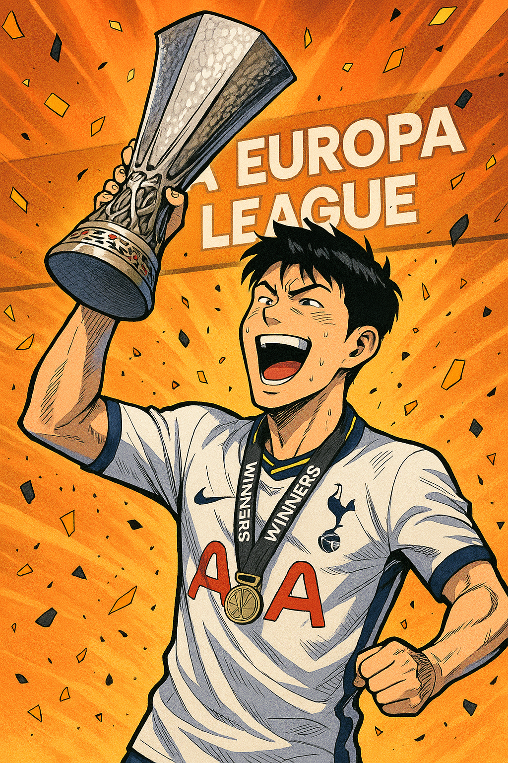 AI로 만든 손흥민 선수가 UEFA EUROPA LEAGUE 우승 트로피 들어올리는 사진 / ChatGPT(AI) 제공