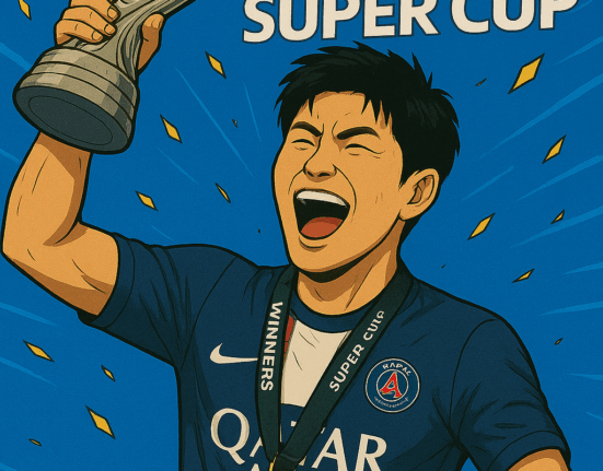 AI로 만든 이강인 선수가 UEFA SUPER CUP 우승 트로피 들어올리는 사진 / ChatGPT(AI) 제공