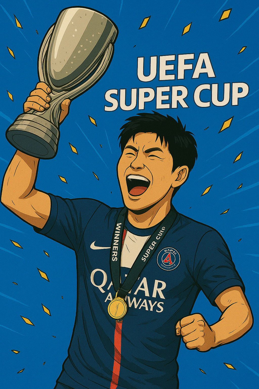 AI로 만든 이강인 선수가 UEFA SUPER CUP 우승 트로피 들어올리는 사진 / ChatGPT(AI) 제공