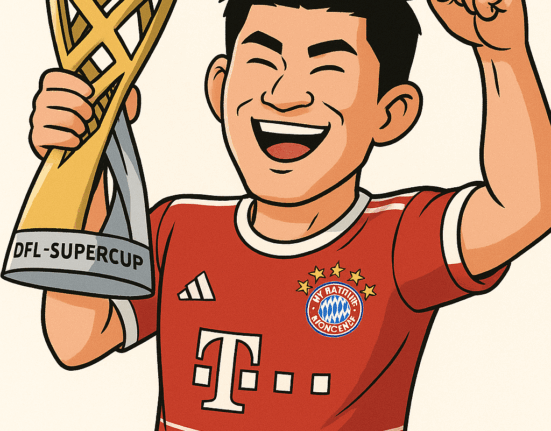 AI로 만든 김민재 선수가 DFL-SUPERCUP(프란츠 베켄바워 슈퍼컵) 우승 트로피 들어올리는 사진 / ChatGPT(AI) 제공