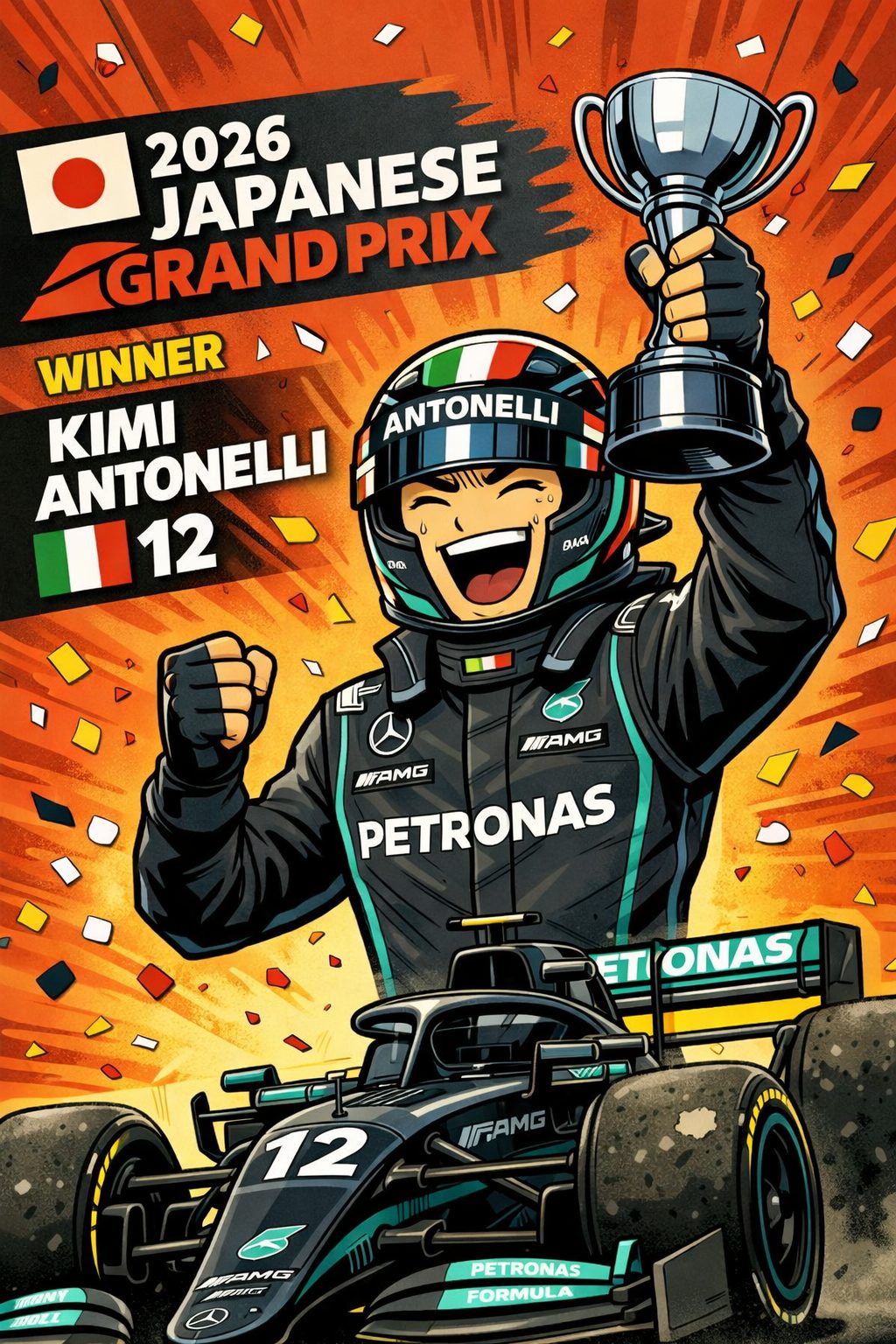 AI로 만든 키미 안토넬리가 F1 일본 그랑프리 우승하는 그림 / ChatGPT(AI) 제공