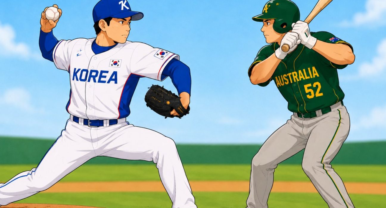 AI로 만든 한국 야구 국가대표팀과 호주 야구 국가대표팀이 야구하는 그림 / ChatGPT(AI) 제공
