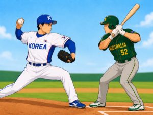AI로 만든 한국 야구 국가대표팀과 호주 야구 국가대표팀이 야구하는 그림 / ChatGPT(AI) 제공