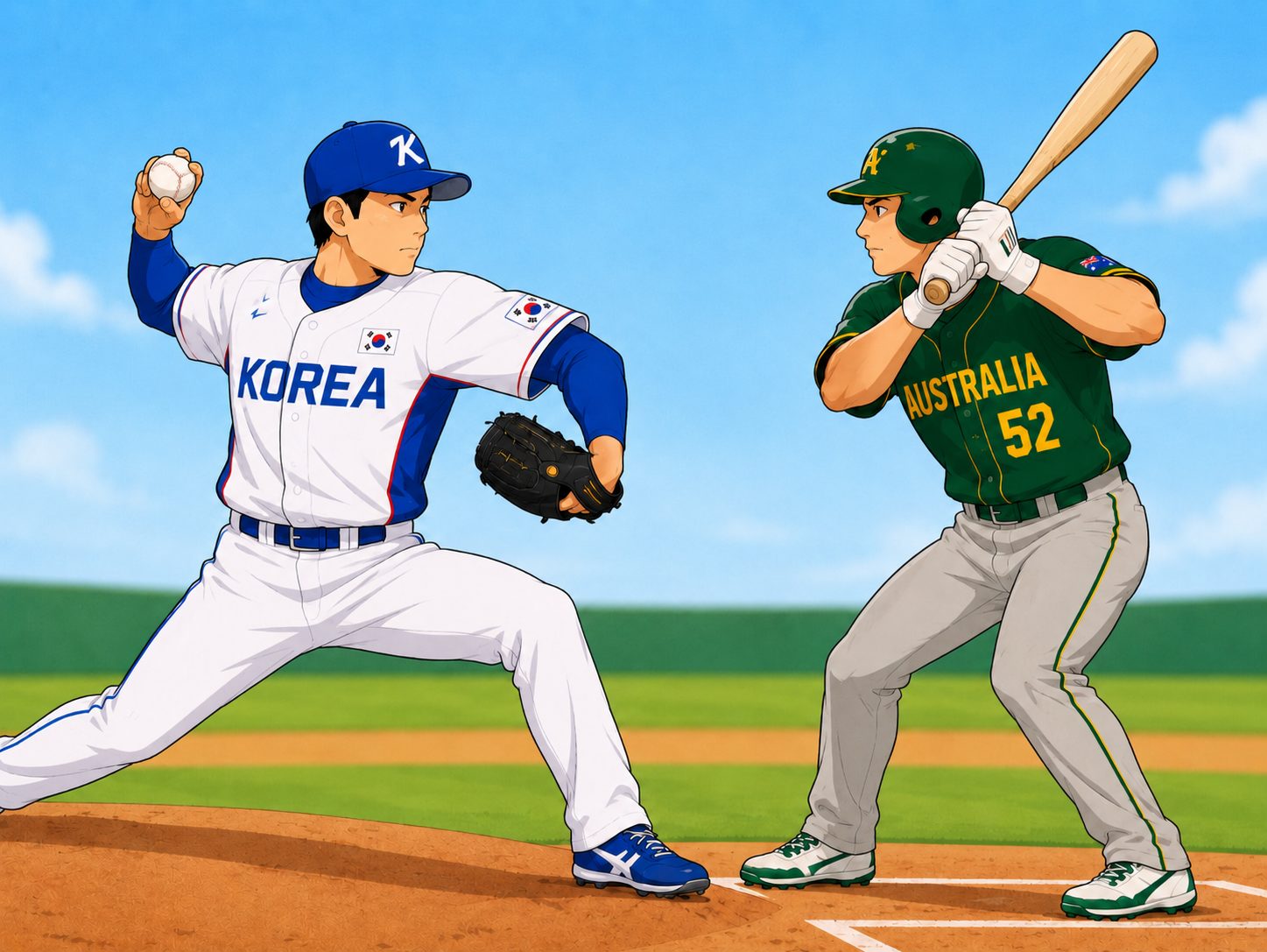 AI로 만든 한국 야구 국가대표팀과 호주 야구 국가대표팀이 야구하는 그림 / ChatGPT(AI) 제공
