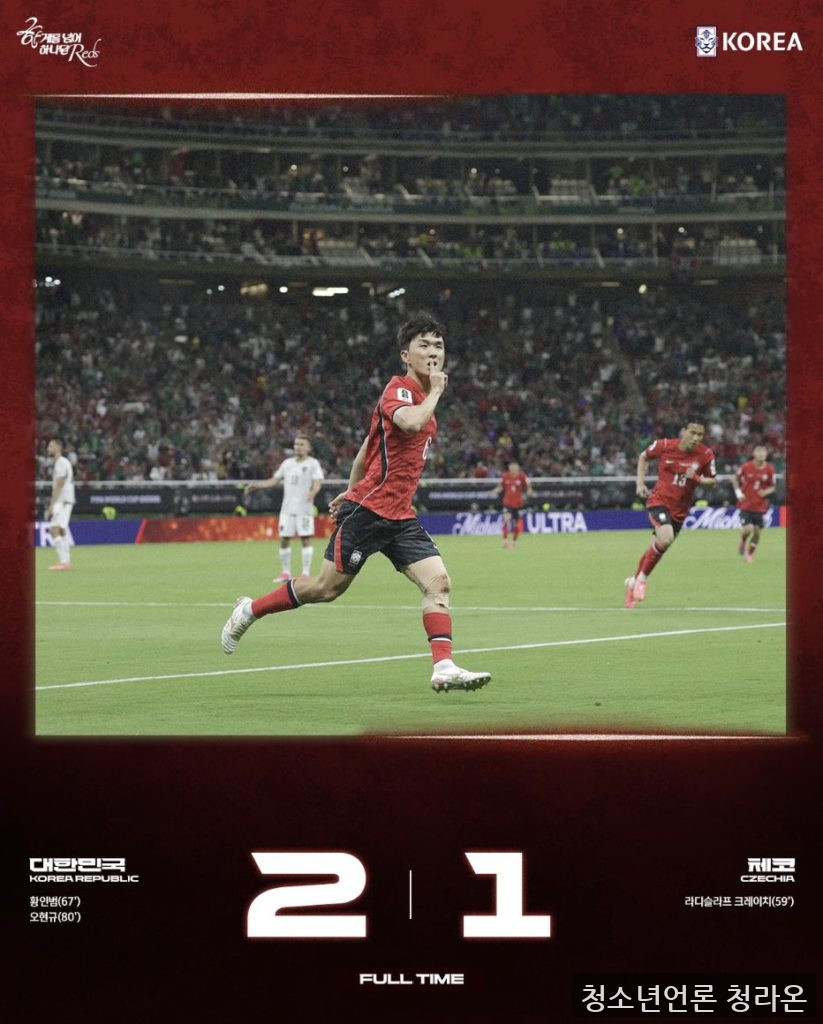 월드컵에서 대한민국 축구 국가대표 팀이 체코 축구 국가대표 팀을 이기는 모습(출처=대한축구협회)