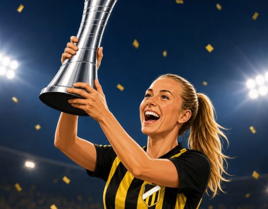 AI로 만든 BK Häcken 선수가 UEFA 여자 유로파컵 우승 트로피를 들고 있는 그림 / ChatGPT(AI) 제공