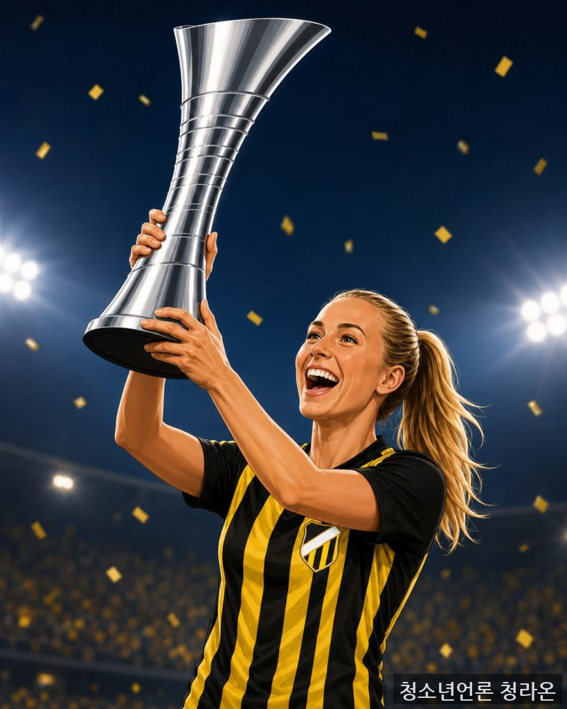 AI로 만든 BK Häcken 선수가 UEFA 여자 유로파컵 우승 트로피를 들고 있는 그림 / ChatGPT(AI) 제공