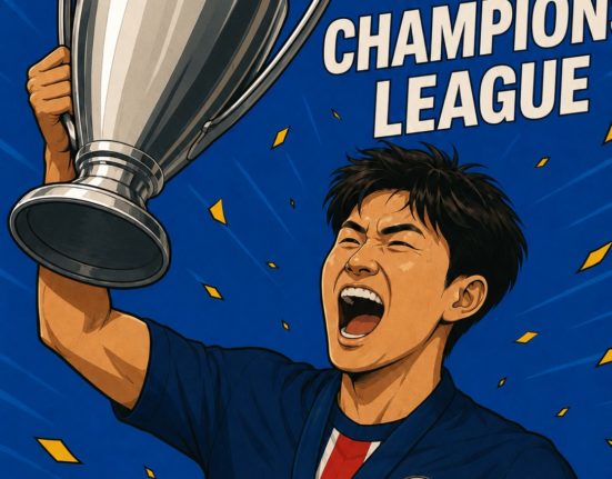 AI로 만든 이강인 선수가 UEFA CHAMPIONS LEAGUE 우승 트로피 들어올리는 사진 / ChatGPT(AI) 제공