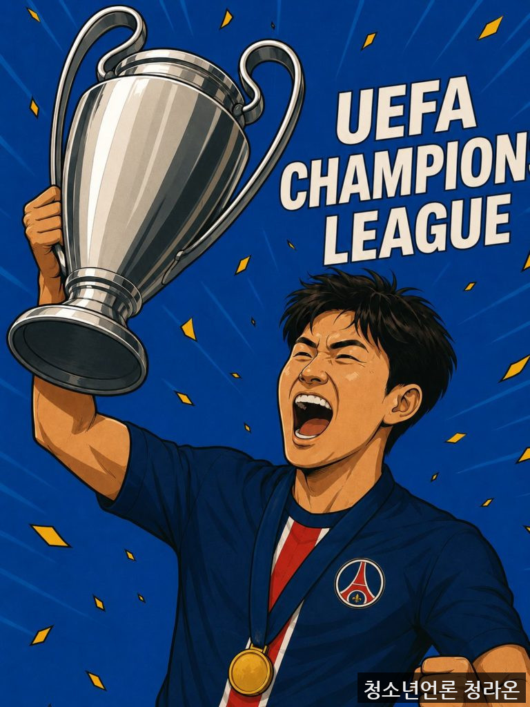 AI로 만든 이강인 선수가 UEFA CHAMPIONS LEAGUE 우승 트로피 들어올리는 사진 / ChatGPT(AI) 제공