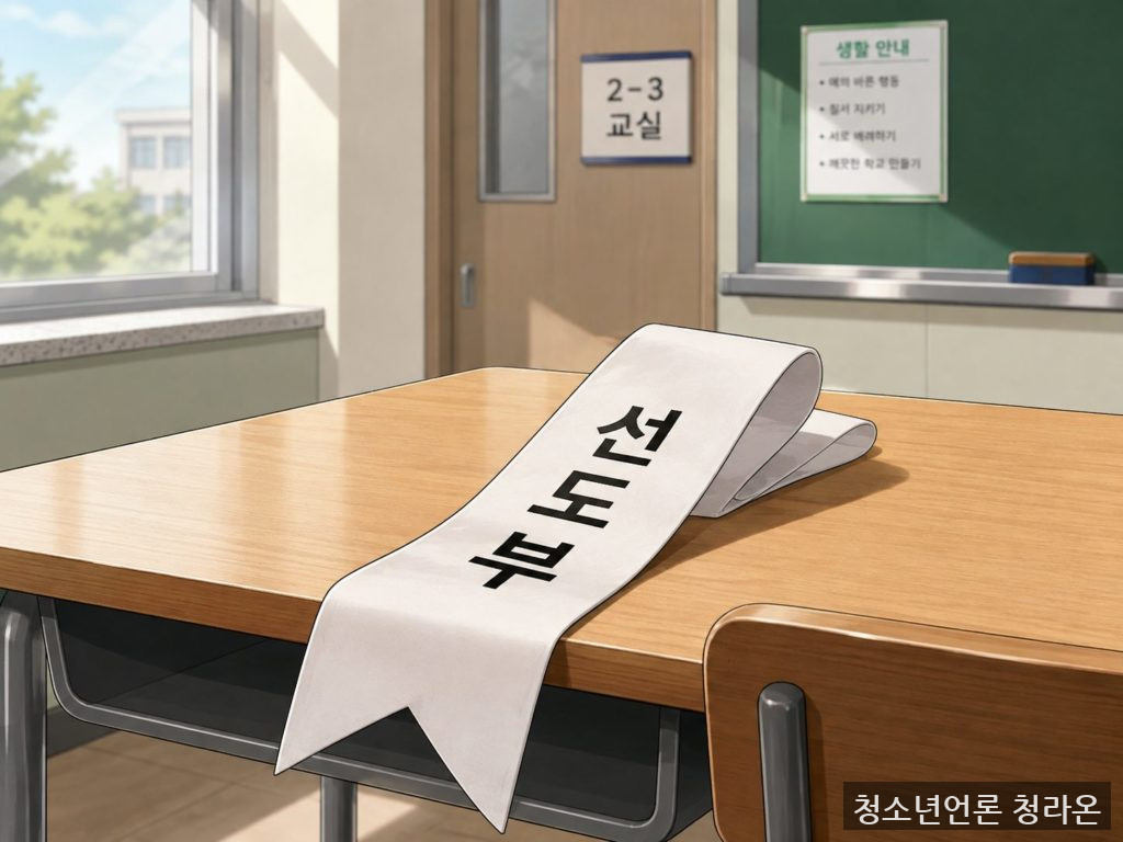 교실 책상 위에 놓인 선도부 띠의 모습. 선도부를 둘러싼 학교 현장의 역할과 의미를 상징적으로 보여준다. / ChatGPT(AI) 제공