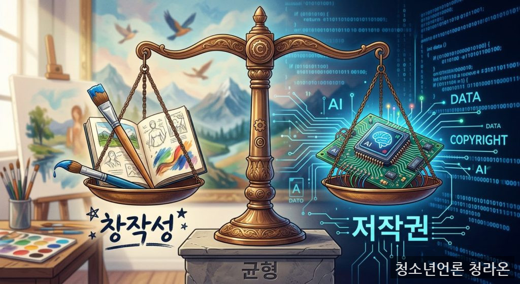 인간의 창작성과 AI 기술·저작권 문제 사이의 균형을 형상화한 이미지 / Adobe Firefly(AI) 제공