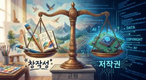 인간의 창작성과 AI 기술·저작권 문제 사이의 균형을 형상화한 이미지 / Adobe Firefly(AI) 제공