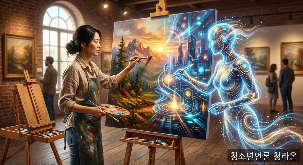 인간 예술가와 AI가 함께 하나의 작품을 완성하는 모습을 형상화한 이미지 / Adobe Firefly(AI) 제공