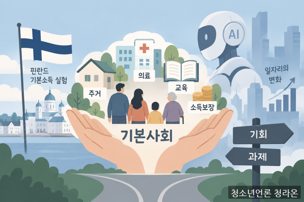 주거·의료·소득보장 등 기본사회 구상과 AI 시대의 노동시장 변화를 표현한 이미지 / ChatGPT(AI) 제공