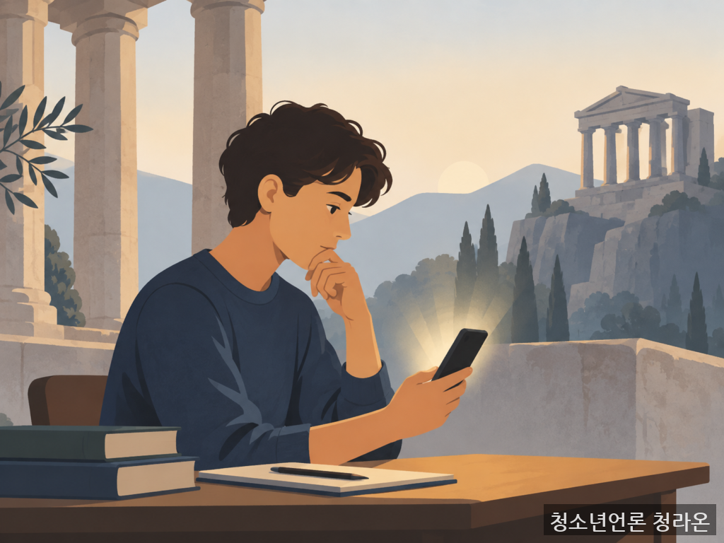델포이의 신탁과 AI 시대의 학습을 모티브로 재구성한 일러스트. / ChatGPT(AI) 제공